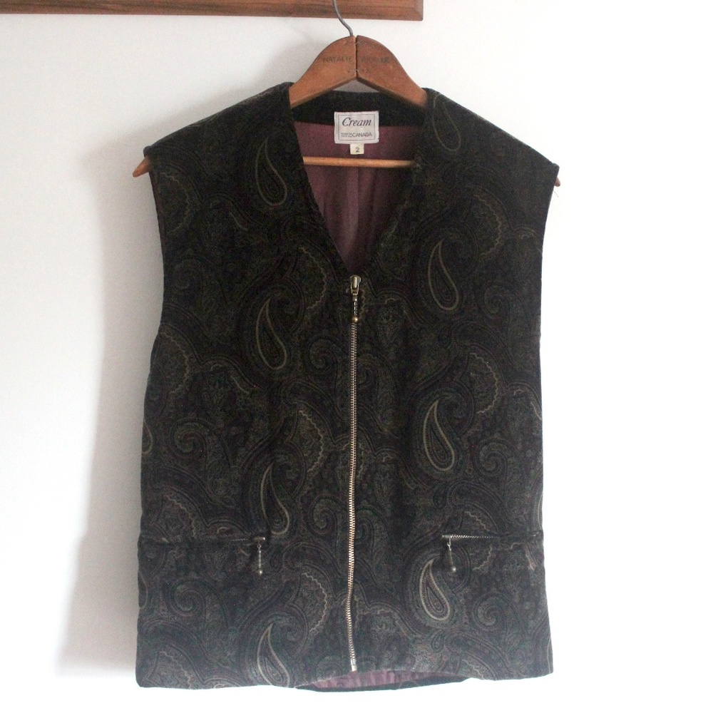 Vintage Cotton Velvet Paisley Vest with Brass Zipper Front and Zippered …